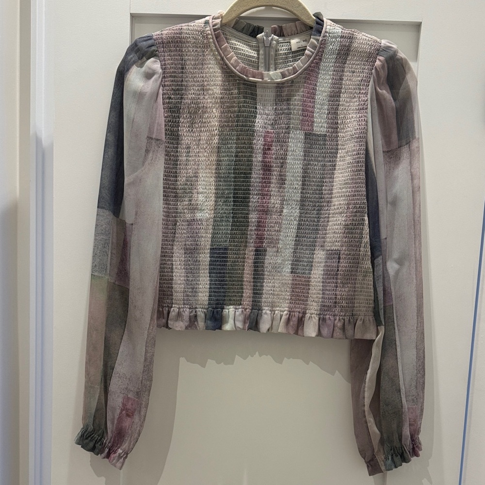 Aritzia Wilfred Smocked Long-Sleeve Blouse in Muted Floral Stripe